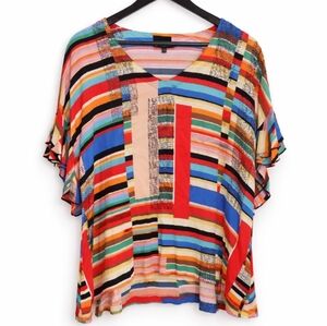 John Mark Multicolor Patchwork Blouse Striped Boho Flutter Sleeve Top Sz Lg